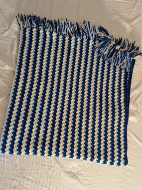 Handmade Blue Stripe Crochet Throw Blanket - Navy & White